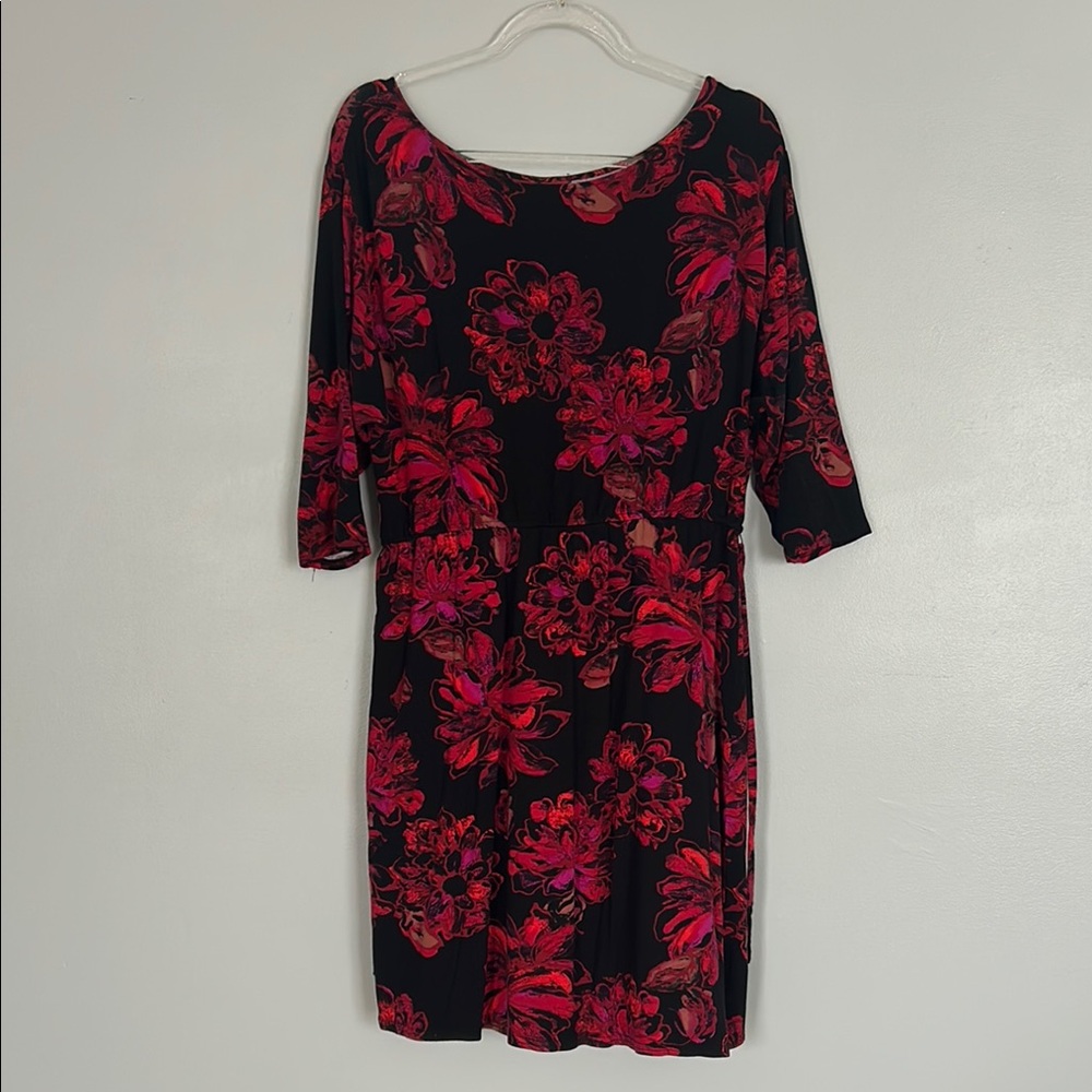 Merona Black and Red Floral Long Sleeve Dress